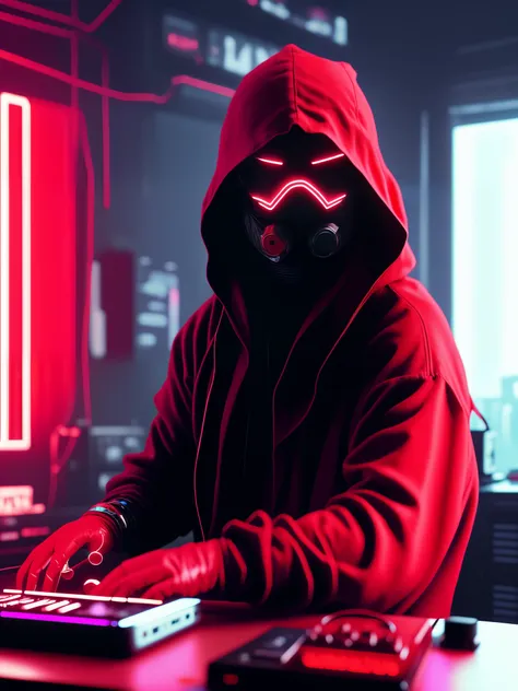 neon ninja style, close-up of a man wearing a red hood，there is a big ball in the middle of the room, close-up of electronic dev...