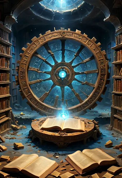 Abandoned library，The surrounding bookshelves are crumbling，it&#39;It&#39;s full of dusty books，Some old tools and broken documents are scattered on the ground，There is an ancient and mysterious space-time roulette hidden in the depths，The mottled alien te...