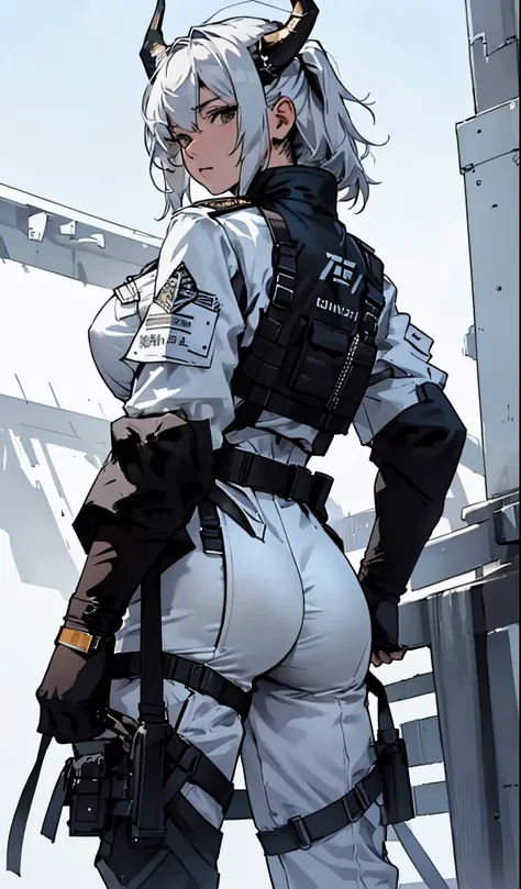 Ultra-detailed，high resolution，Ultra-detailed，Best quality，amazing，quality，Extremely detailed CG unified 8k wallpaper，pure white background，Single role，Draw a female character，24 years old mature，Wearing a white military uniform，big breast , big ass，silver...