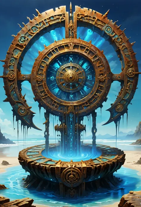 hyper detailed masterpiece, Dynamic, good quality,DonM0ccul7Ru57XL Magnificent Beach ,rust,mystery，一个古老而mystery时空轮盘隐藏深处，The wheel is inlaid with obscure runes，They become blurred by the erosion of time，The mottled alien text flashes with a faint blue light...