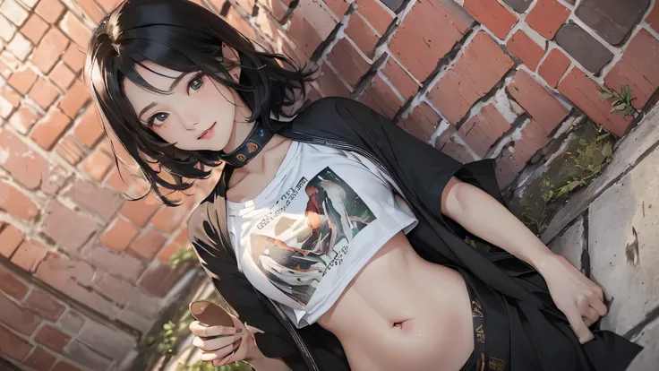 (((Highly detailed CG unit 8k wallpaper:1.2, masterpiece, High resolution:1.2, highest quality:1.2, table top))), ((Very beautiful 20 year old woman, bust 80, Short T-shirt that shows your belly button:1.5)), ((highly detailed face, Highly detailed black e...