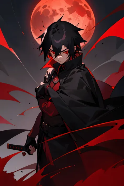 Male, young teen, red eyes, black and red yukata, Black Cape covering clothes, Katana, Vampire, Black Hair, Night background, Red Moon