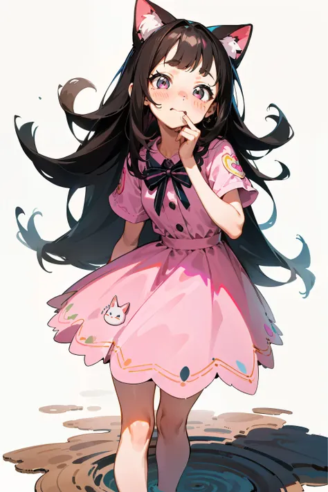 One girl with adorable realcat stickers in her long, dark hair stands embarrassed in front of a white background. With her pink dress and blushing cheeks, she tries to keep her mouth shut as she contours her body to hide an unexpected accident - a small pu...