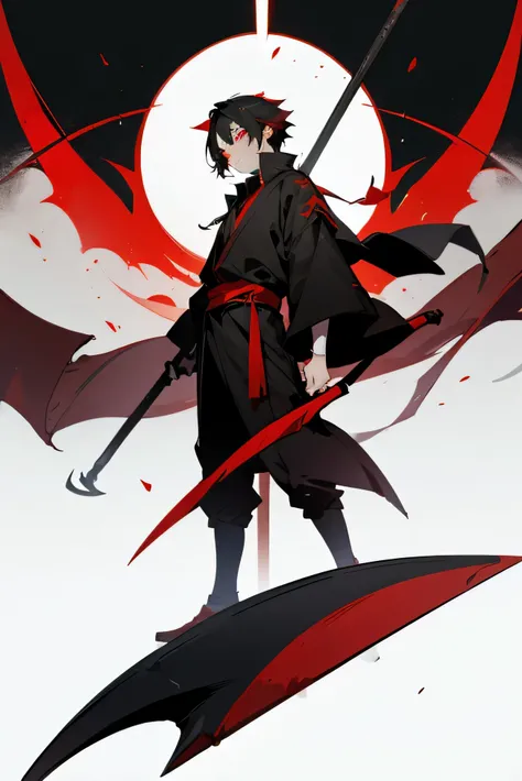 A Boy,Red Eyes,Scythe at the waist,A dragon behind the character