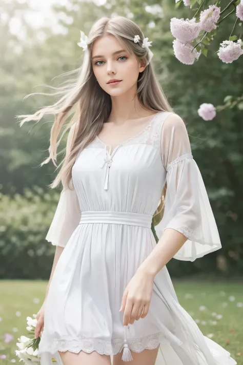 Masterpiece, Superb Piece, Daytime, Outdoor, Falling Flowers, White Dress, 1 Girl, Perfect Woman, Silver and White Long Haired Woman, Gray Blue Eyes, Pale Pink Lips, Cold, Serious, Bang, Purple Eyes, White Clothes, Black Clothing Lines, Delicate Face, Exqu...