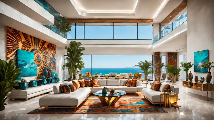 full of lights,luxurious,futuristic living room in tribal style,modern décor,bright colors,geometric patterns,and stylish furnit...