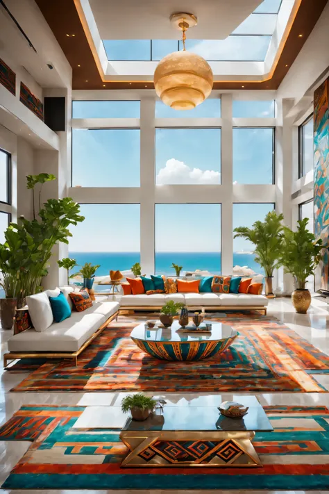 full of lights,luxurious,futuristic living room in tribal style,modern décor,bright colors,geometric patterns,and stylish furnit...