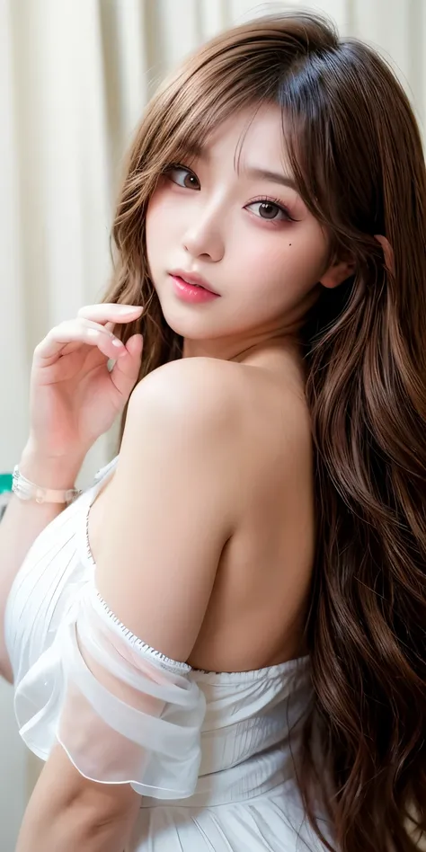 Canon RF85mmf/1.2,masterpiece,highest quality,ultra high resolution,you,1 girl,(korean mixed,K-POP idol:1.2),alone,white_shiny_skin,black eye,necklace,((Brown_length_wavy_hair)),((pink_shiny_lips)),eyelash,前hair,deal with,compensate,shiny,pore,skin texture...