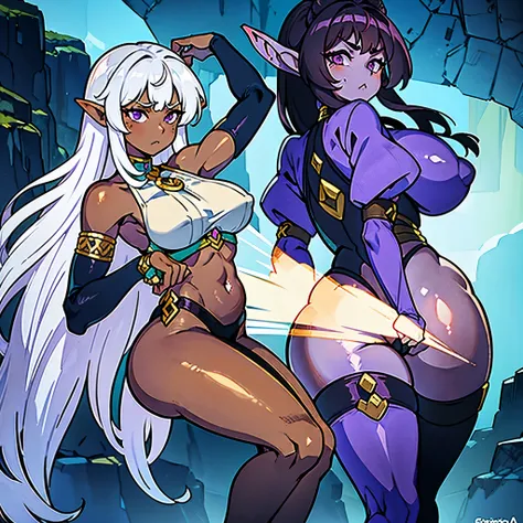 A dark elf girl, with pointy ears, brown skin, purple eyes, white hair, big breasts, big ass, sexy curves and shes wearing medieval sexy clothing, she has a mean, angry or disappointed look on her face, and is doing a lazy pose with her arms up. anime art ...