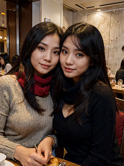 Two beautiful Hong Kong woman at dinner table, 2 woman, different jumper color, different jumper style, romantic restaurant, low cut jumper, scarf, black long straight hair, half body, from front, little cleavage 