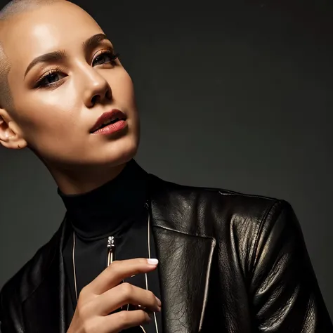 A woman bald hair wearing jacket black smoking cigar closeup 