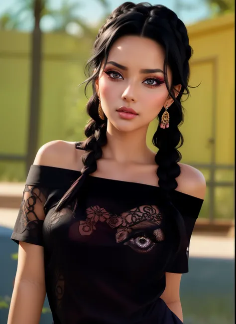 Sexy woman, black hair, single braid, seductive eyes, intense gaze, mouth parted, deep blush, flustered, beautiful face, amazing makeup, off shoulder t shirt