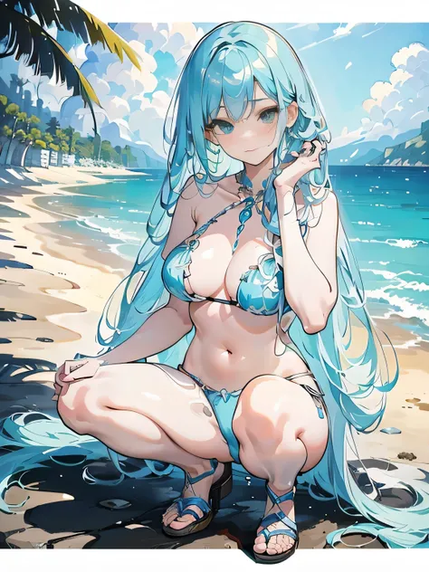 ((masterpiece)), ((highest quality)), (Super detailed), ((cute)), ((sexy)), (device), ((very detailed)), 4K, (8K), highest quality, anime girl in bikini sitting on a beach with palm trees, seductive anime girl, extremely detailed types of bacteria, beautif...