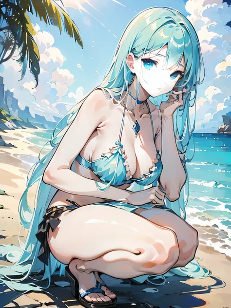 ((masterpiece)), ((highest quality)), (Super detailed), ((cute)), ((sexy)), (device), ((very detailed)), 4K, (8K), highest quality, anime girl in bikini sitting on a beach with palm trees, seductive anime girl, extremely detailed types of bacteria, beautif...