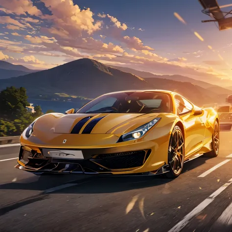 Make a ferrari model 458 italia towards sunset while driving on a mountain road