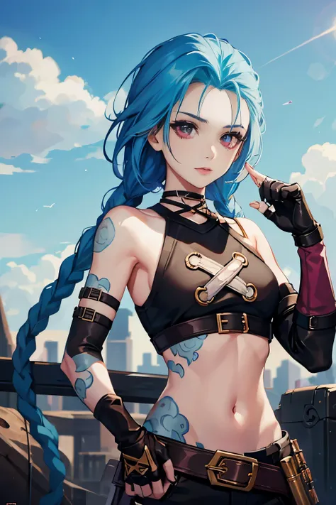 JinxLol,mature female,1girl, solo,looking at viewer, navel, gloves, fingerless gloves, character name, midriff, bare shoulders, looking at viewer, gun, crop top, belt,outdoors,