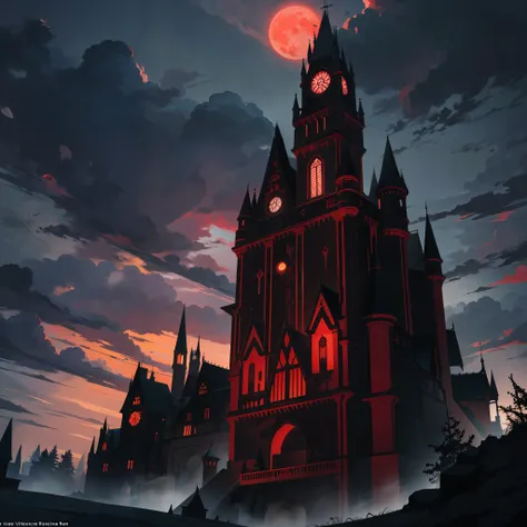 The dark gothic castle owned by a vampire hangs in the distance at night on top of a hill its night and the sky is dark and mysterious with a red moon shining behind, as well as thunder and lighting from a storm