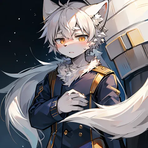 navy，male，Serious expression，16 years old，Big white wolf ears，戴白色navy帽，披蓝白色navy衣，Shota，White hair