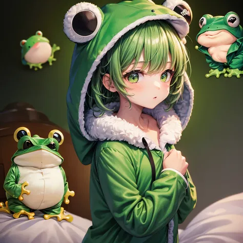 Chibi, Nendoroid, ((worst quality, low quality)), ((Close-up), profile,1.5 facing left), (10 year old girl), green hair, (Fluffy frog costume pajamas:1.4), (Open pajamas:1.2), (light green pajamas:1.4), Animal Hoodie, (hood up:1.under the hoodie, oversized...