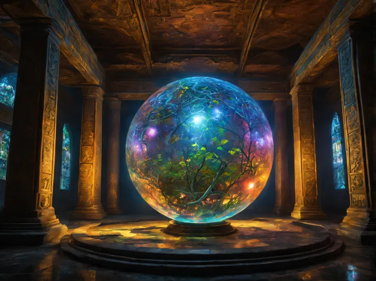 landscape,In the center of the room((spherical light sphere:Mysterious:magic effect:light of science:intricate patterns drawn with light:be familiar with:holography:Reflects the beautiful vision of ancient civilizations:flash:rich colors:Cast colorful spel...