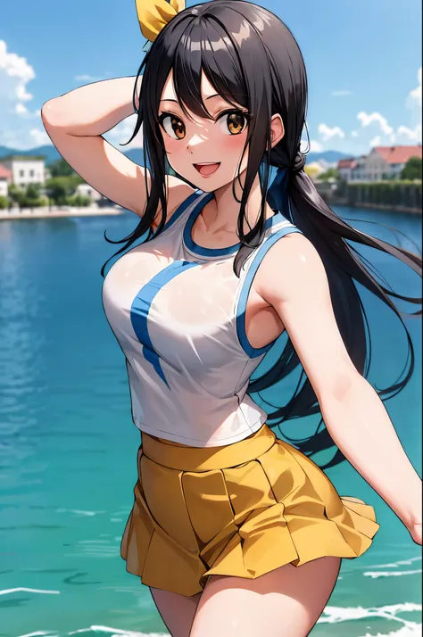 masterpiece, best quality, highres, lucy heartfilia, black hair, long hair, large breasts, white tshirt, sleeveless, yellow skirt, swiming shot, standing, looking at viewer, outdoors, waving, smile, open mouth,