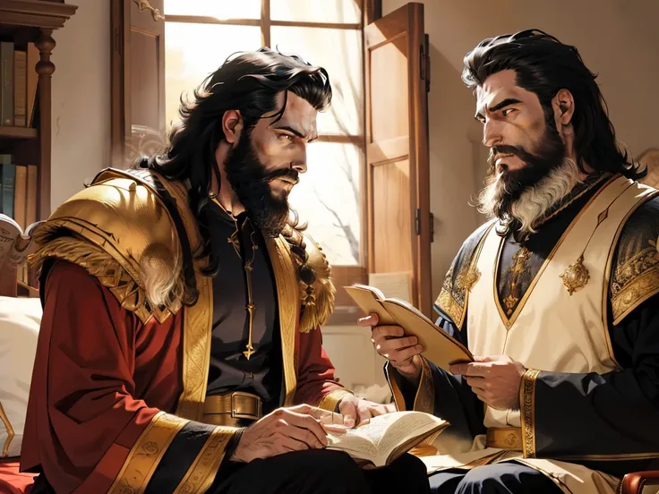 There is a king with a beard and black hair sitting on a bed. There are two servants standing with a book in their hand. biblical costumes. biblical style. biblical setting.