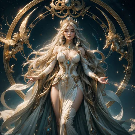 (Masterpiece, Best Aesthetic), Forgotten Gateway of Time and Space, radiating an ethereal glow, Discharging from the Gateway frame, a goddess figure clad in celestial robes, intricately detailed, Gently reaching out towards the shimmering portal, ultra det...