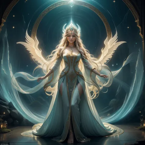 (Masterpiece, Best Aesthetic), Forgotten Gateway of Time and Space, radiating an ethereal glow, Discharging from the Gateway frame, a goddess figure clad in celestial robes, intricately detailed, Gently reaching out towards the shimmering portal, ultra det...