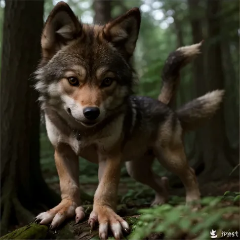 small wolf with its front paws shaped like human hands. Forest in the afternoon