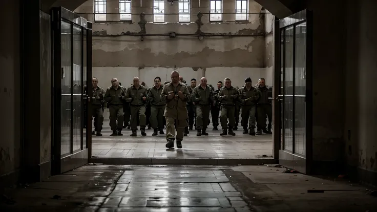 Shot of a Russian prison with angry prisoners