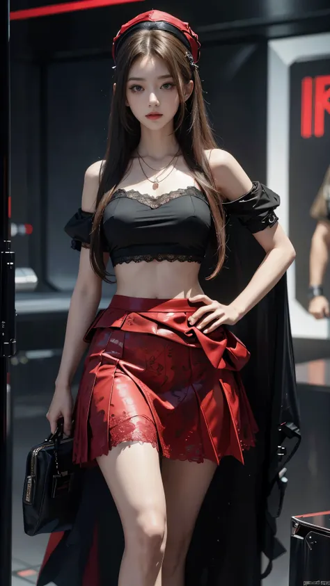 4K ultra hd, masterpiece, a cute girl, long hair, beautiful hairstyle, skirt, red skirt, bare waist, lace, necklace, hat, cyberpunk,