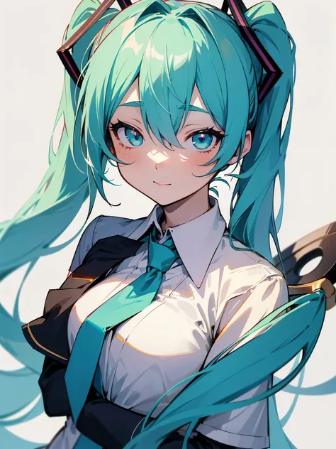 miku hatsune, A wistful look, Pale shadows,  animesque, Twin-tailed, face with high quality,  with outline, Bokaro, Raking up your hair, Illustration style, Awesome cutest,  Warm, neck tie, full bodyesbian