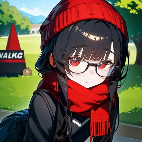 (masterpiece), best quality, expressive eyes, perfect face, red eye, black beanie, fluffy cut black hair, black scarf, black school sweater, short skirt, Round Glasses Black, park,