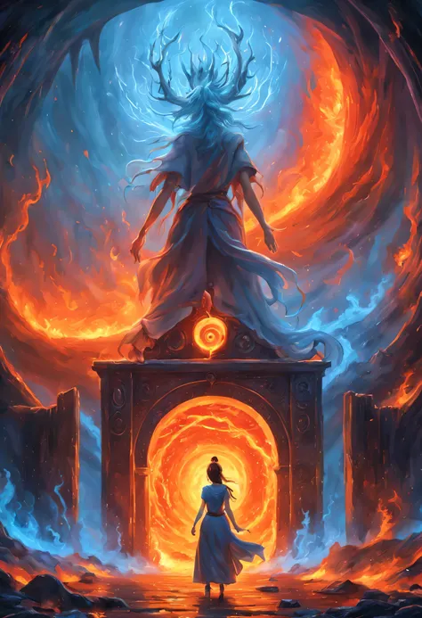 high details, best quality, 16k, [best detailed], masterpiece, best quality, (extremely detailed), a view from the rear of a beautiful woman looking through  a magical portal onto hell, the portal has magical wards  on it, she sees the fiery hell and rolli...