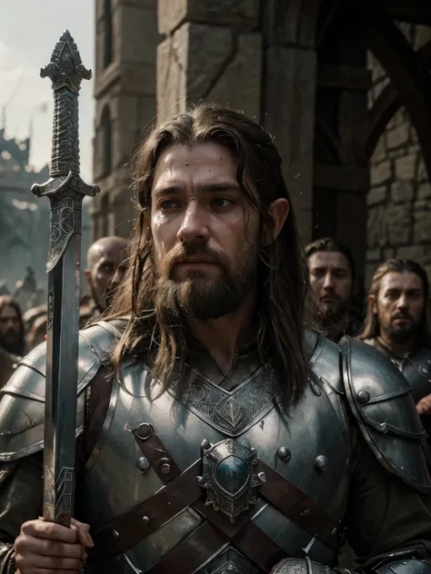 (masterpiece, cinematic, HDR) Upper body shot, Old elven king, beard, wearing silver armour, (carrying sword), intricate details, facial scars, blood spatter, soldiers in background, battlefield, sunset, fantasy, lord of the rings, Tolkien 