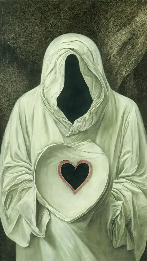 surrealism, Faceless person、wearing white protective clothing、There is a large hole in the chest.、There&#39;s a heart floating there