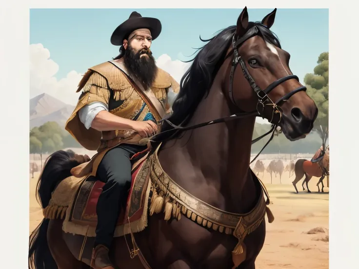 There is an adult man with a beard and black hair and royal attire, montado em um cavalo. There&#39;s a king pulling the horse. In the background there are many people looking. biblical costumes. biblical style. Biblical scenario.