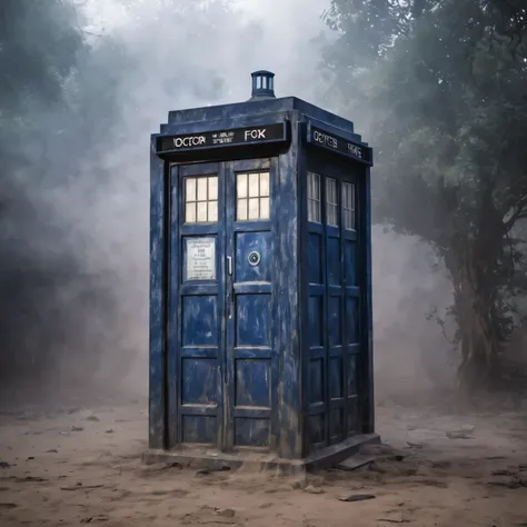 The old forgotten TARDIS from Doctor Who, worn and battered by time, covered in dust, cinematic frame, high detail, a high resolution, 8K, granularity