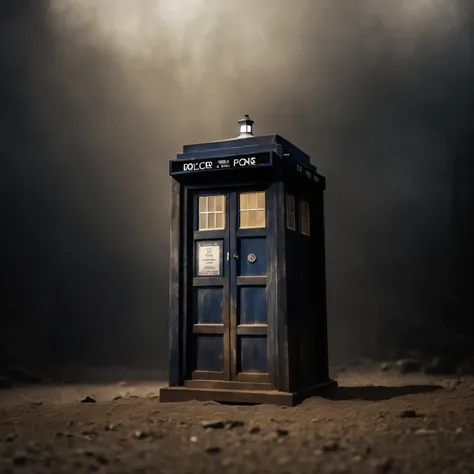 The old forgotten TARDIS from Doctor Who, worn and battered by time, covered in dust, cinematic frame, high detail, a high resolution, 8K, granularity