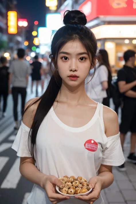 1 girl, Idol, close, clavicle, ,holding takoyaki in hand, photograph, movie, Depth of written boundary, skin texture, T-shirt, rubber band, topknot, long hair, messy hair、On the street in the middle of the night