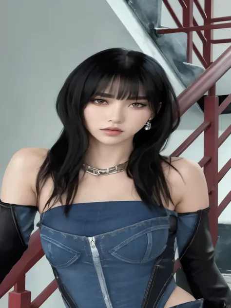 Arafed woman wearing a denim corset posing for a photo., she has black hair con flequillo, ulzzang, Jinyoung Shin, con flequillo, sol yunjoo, iu lee ji-eun como supervillano, retrato de jossi de blackpink, long hair con flequillo, cruel korean gothic girl,...