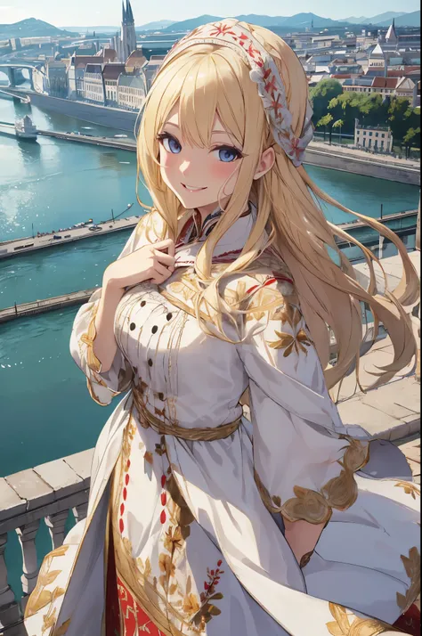 Hungarian national costume、white woman、blonde hair、The clothes have floral embroidery、smile、happy look、daytime、European cityscape and Danube river background