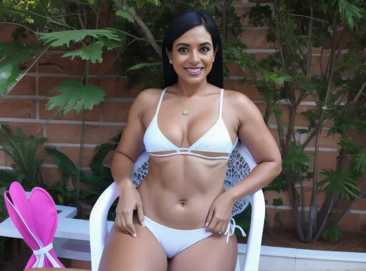 woman in white bikini sitting in white chair next to a wall, wearing a white bikini, in bikini, full body shot in bikini, (38 anos), 3 Brazilian mother of 5 years, Mulheres de 40 anos, white bikini, 3 0 anos mulher, vestido in bikini, cerca de 3 5 anos, in...