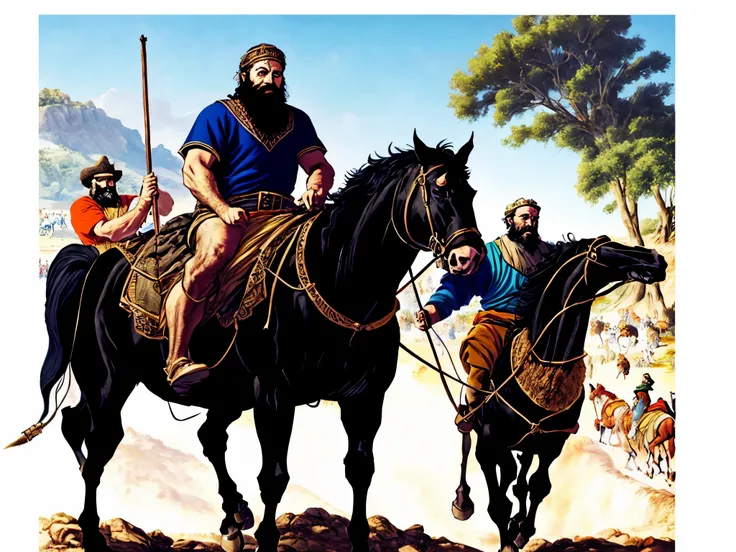 There is an adult man with a beard and black hair, montado em um cavalo. There&#39;s a king pulling the horse. In the background there are many people looking. biblical costumes. biblical style. Biblical scenario.