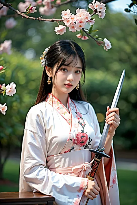 best quality, masterpiece, high resolution,3个女孩,pretty face,whole body,Chinese clothes,White robe,Hold the sword in your right hand (Gorgeous ornamentation),Peach tree,