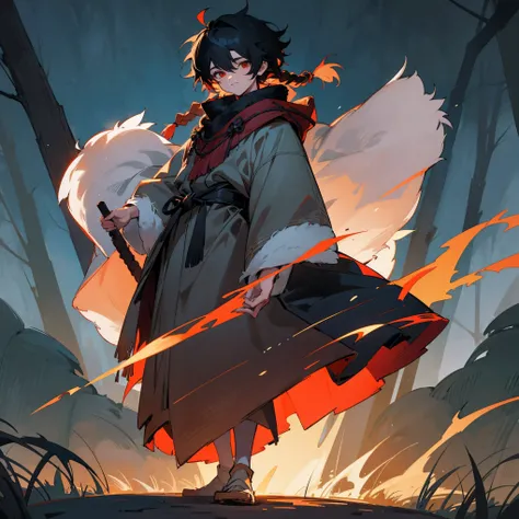 1male, teen, finely detailed red eyes, short messy black hair with single braid in front, fur poncho, peasant clothing, night time, standing on path, forest,  