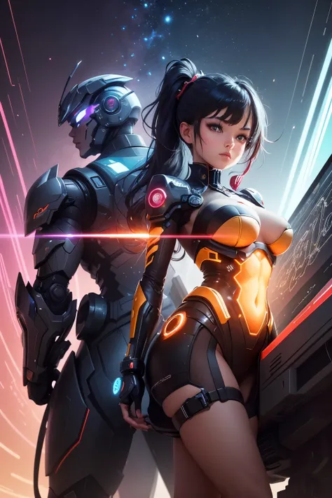 Prompt 1: (better quality, masterpiece, Colorful, Dynamic angle, more detailed) upper body photo of a black mecha and a cyber punk personage. Witness the harmonious blend of technology and aesthetics as they interact, showcasing intricate details and vibra...