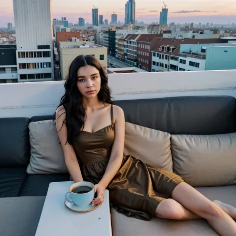 beautiful wavy black haired woman sitting on a couch with a cup of coffee in her hand, a portrait inspired by Elsa Bleda, unsplash contest winner, surrealism, girl sitting on a rooftop, in a rooftop, on rooftop, on a rooftop, sitting on a skyscraper roofto...