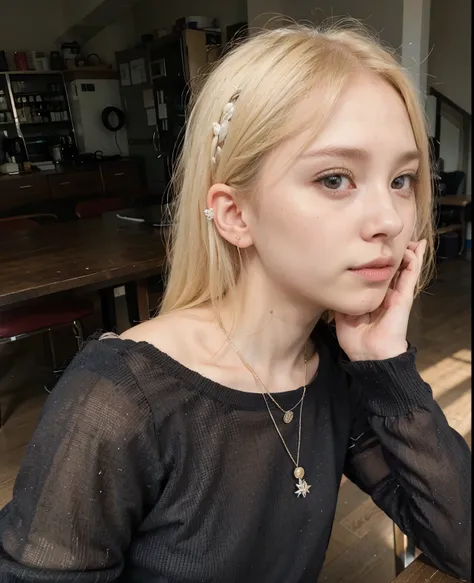 Blonde girl with headphones sitting at a table with a cell phone, extremely pale blonde hair, very very pale blonde hair, pale porcelain white skin, ulzzang, peinado de corte hime blanco, cruel korean gothic girl, con el pelo largo y blanco, Pale fur, parq...