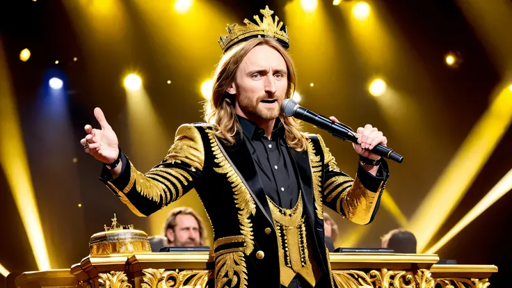 DJ DAVID GUETTA , (photorealistic: 1.4) (ultra-detailed) (full body), crown, popstar, movie scene (black and gold), sparkles, splendor, wealth, nobility, king , WORKING